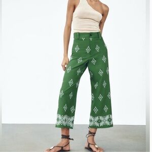 Zara Embroidered Linen Cropped Wide Leg Trousers Sz S Resortwear Beachy Green